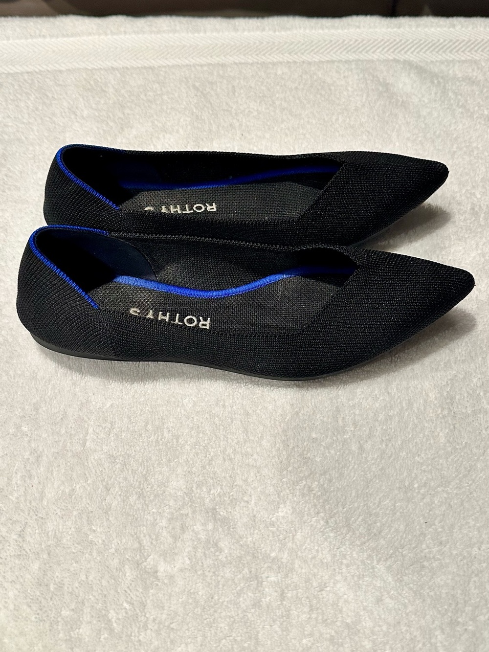 Rothy's Black Pointed-Toe Flats with Blue Trim